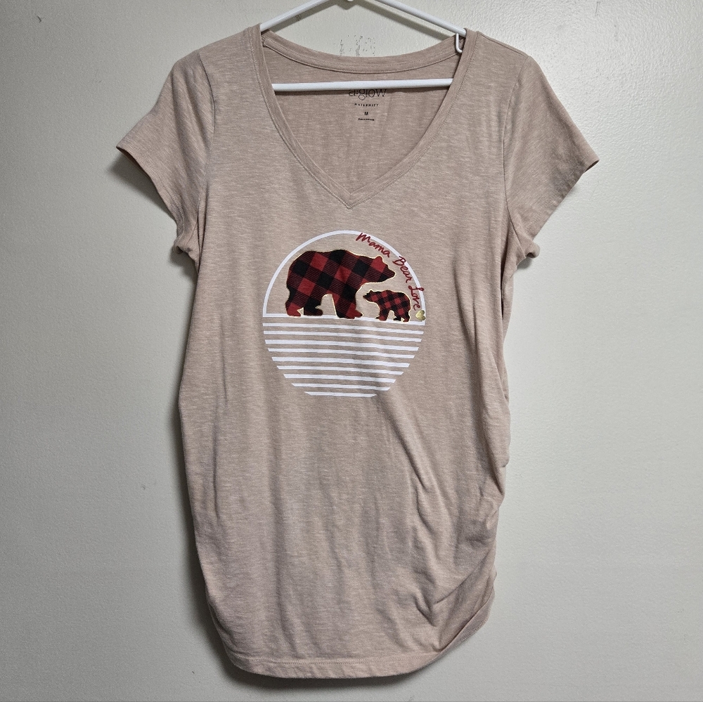 A.glow Maternity Beige Mama Bear Short Sleeve V-neck Top Size Medium